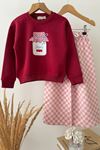 Kavanoz Baskılı Sweatshirt ve Kareli Pantolonlu Kız Çocuk 2’li Takım - Kırmızı