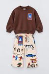 Renkli Çizim Baskılı Sweatshirt ve Pantolon Unisex Çocuk 2’li Takım - Kahverengi