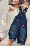 Çiçek Aplikeli Denim Salopet ve Dantel Yakalı Bluz Kız Çocuk 2’li Takım - Mavi