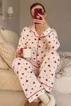 Kadın Kalp Desenli Önden Düğmeli Kadın Pijama Takım - Beyaz