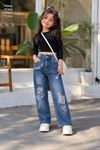 Kız Çocuk Çiçek Nakışlı Bol Paça Denim Pantolon - Mavi