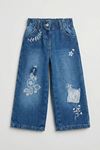 Kız Çocuk Çiçek Nakışlı Bol Paça Denim Pantolon - Mavi