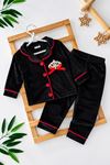 Taç İşleme Detaylı Kadife Kız Çocuk Pijama Takımı - Siyah