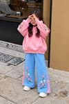 Çiçek İşleme Detaylı Kapüşonlı Kız Çocuk 2 li Takım - Pembe