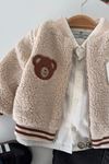 Bear Aplike Detaylı Peluş Hırkalı Erkek Bebek 3 lü Takım - Bej