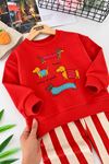 Sevimli Köpek Baskılı Sweatshirt Çizgili Bol Paça Kız Çocuk 2’li Takım - Kırmızı