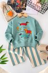 Sevimli Köpek Baskılı Sweatshirt Çizgili Bol Paça Kız Çocuk 2’li Takım - Mint