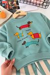 Sevimli Köpek Baskılı Sweatshirt Çizgili Bol Paça Kız Çocuk 2’li Takım - Mint