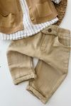 Nakış Aslan Detaylı Triko Hırkalı Çizgili Gömlekli Erkek Bebek 3’lü Takım - Hardal