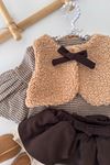 Peluş Yelekli Ekose Bluzlu Etekli Bloomer Kız Bebek 3’lü Takım - Kahve