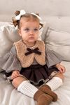Peluş Yelekli Ekose Bluzlu Etekli Bloomer Kız Bebek 3’lü Takım - Kahve
