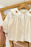 Yaka Tavşan Nakış Detaylı Puantiyeli Kız Bebek 2 li Takım - Krem