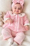 Yaka Tavşan Nakış Detaylı Puantiyeli Kız Bebek 2 li Takım - Pembe