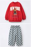 New York Bear Detaylı Damalı Unisex Çocuk Takım - Kırmızı