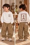 Kaykaycı Ayıcık Baskılı Sweatshirt ve Bol Paça Pantolon Erkek Çocuk 2’li Takım - Ekru