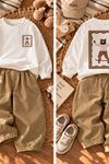Kaykaycı Ayıcık Baskılı Sweatshirt ve Bol Paça Pantolon Erkek Çocuk 2’li Takım - Ekru