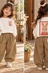 Tavşan Baskılı Sweatshirt ve Bol Paça Pantolon Kız Çocuk 2’li Takım - Ekru