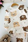 Ayıcık Baskılı Pamuklu Unisex Çocuk Pijama Takımı - Kahverengi