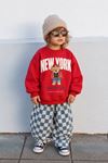 New York Bear Detaylı Damalı Unisex Çocuk Takım - Kırmızı