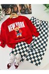 New York Bear Detaylı Damalı Unisex Çocuk Takım - Kırmızı