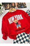New York Bear Detaylı Damalı Unisex Çocuk Takım - Kırmızı