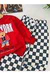 New York Bear Detaylı Damalı Unisex Çocuk Takım - Kırmızı