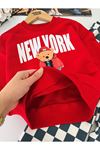 New York Bear Detaylı Damalı Unisex Çocuk Takım - Kırmızı