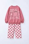 Çilek Baskılı Sweatshirt ve Dama Desenli Pantolonlu Unisex Çocuk 2’li Takım - Pembe