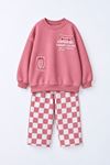 Çilek Baskılı Sweatshirt ve Dama Desenli Pantolonlu Unisex Çocuk 2’li Takım - Pembe