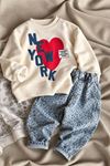 Kalp Detaylı Leopar Pantolonlu Unisex Çocuk Takım - Bej