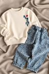 Kalp Detaylı Leopar Pantolonlu Unisex Çocuk Takım - Bej