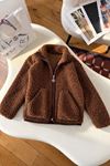 Peluş Yakalı Fermuarlı Unisex Çocuk Montu - Kahverengi