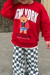 New York Bear Detaylı Damalı Unisex Çocuk Takım - Kırmızı