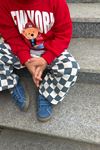 New York Bear Detaylı Damalı Unisex Çocuk Takım - Kırmızı